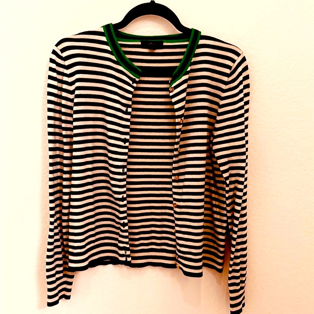 J. Crew blue & cream cardigan with green collar and gold buttons. Size Medium.